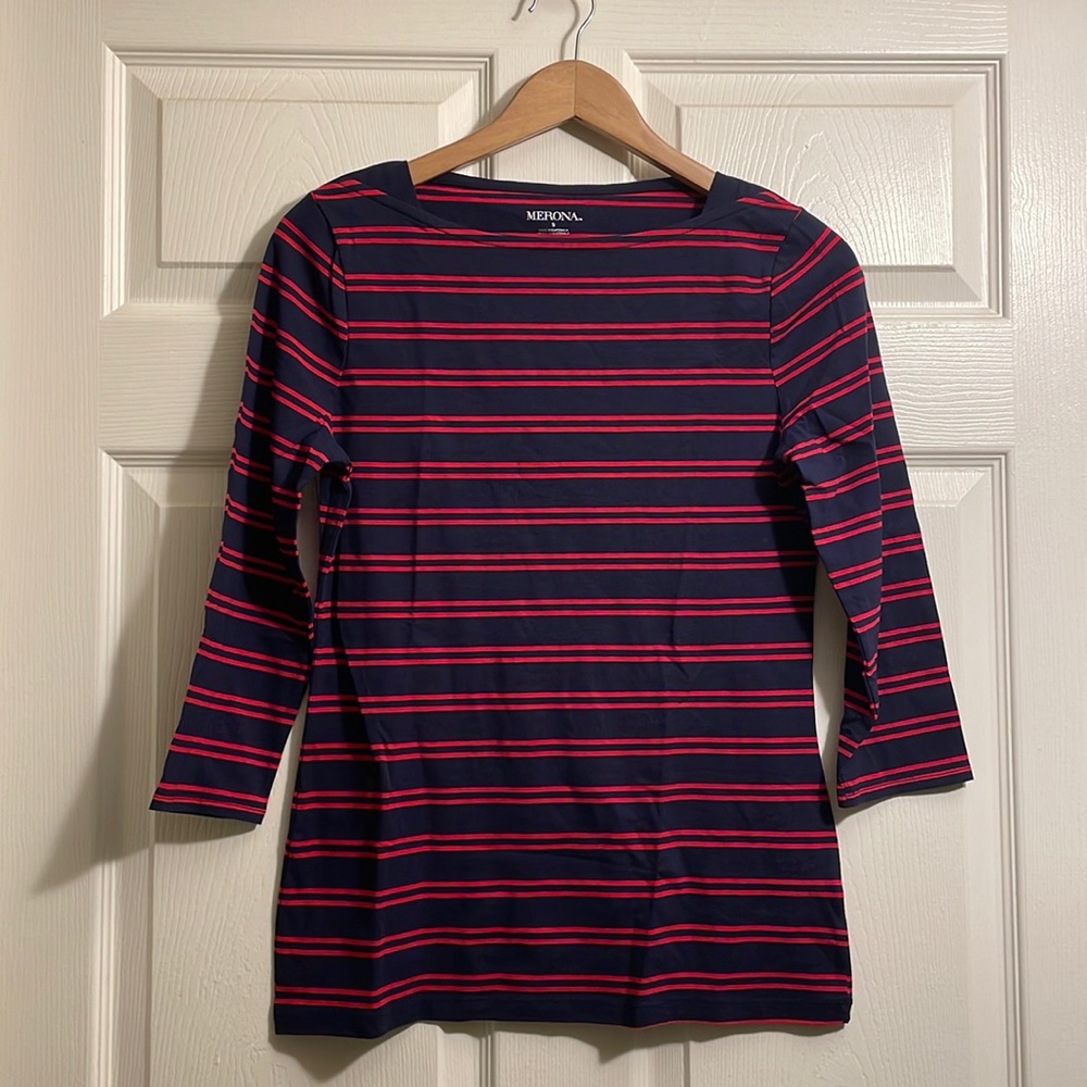 Merona Navy Blue/Red Stripe Boat Neck Quarter Sleeve Size S